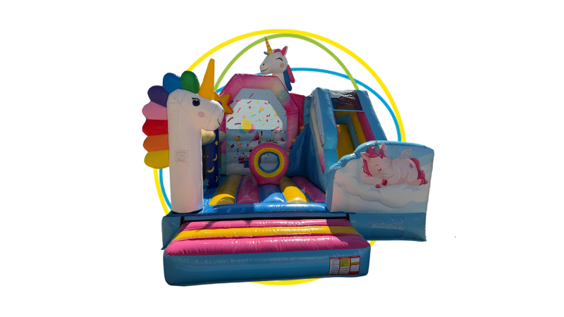 Structure gonflable licorne avec toboggan, idéale pour animations enfants et événements en région PACA.