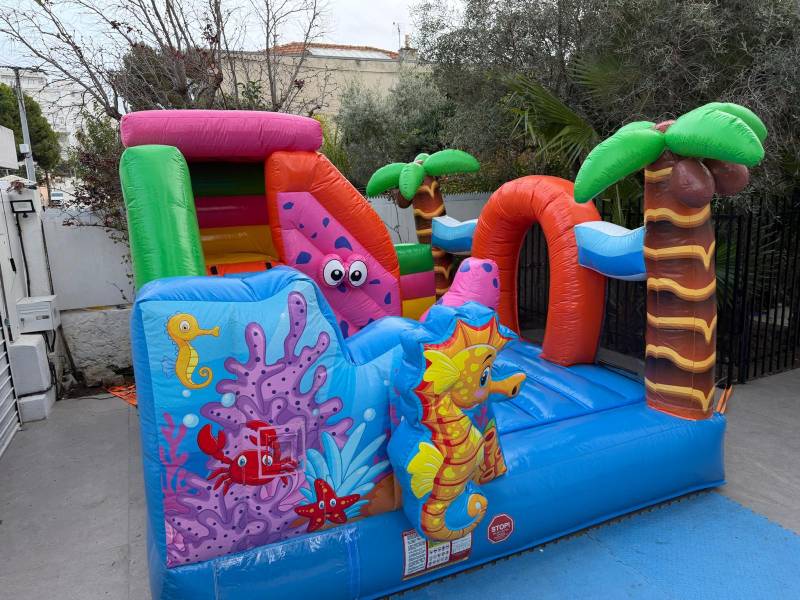 Structure gonflable  Combo Hippocampe thème mer avec toboggan en PACA