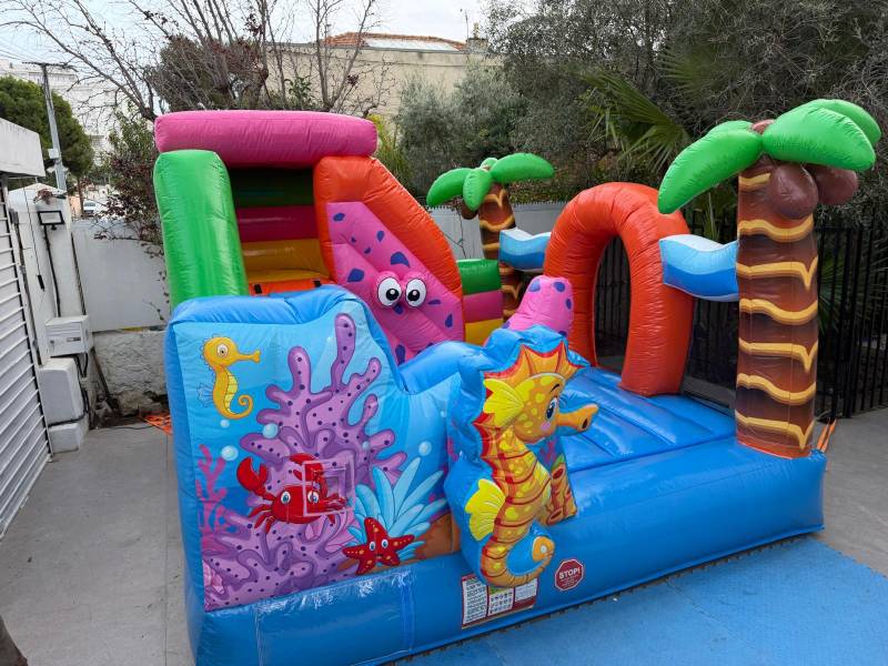 Structure gonflable thème mer avec toboggan : une animation idéale pour les événements en extérieur en PACA.
